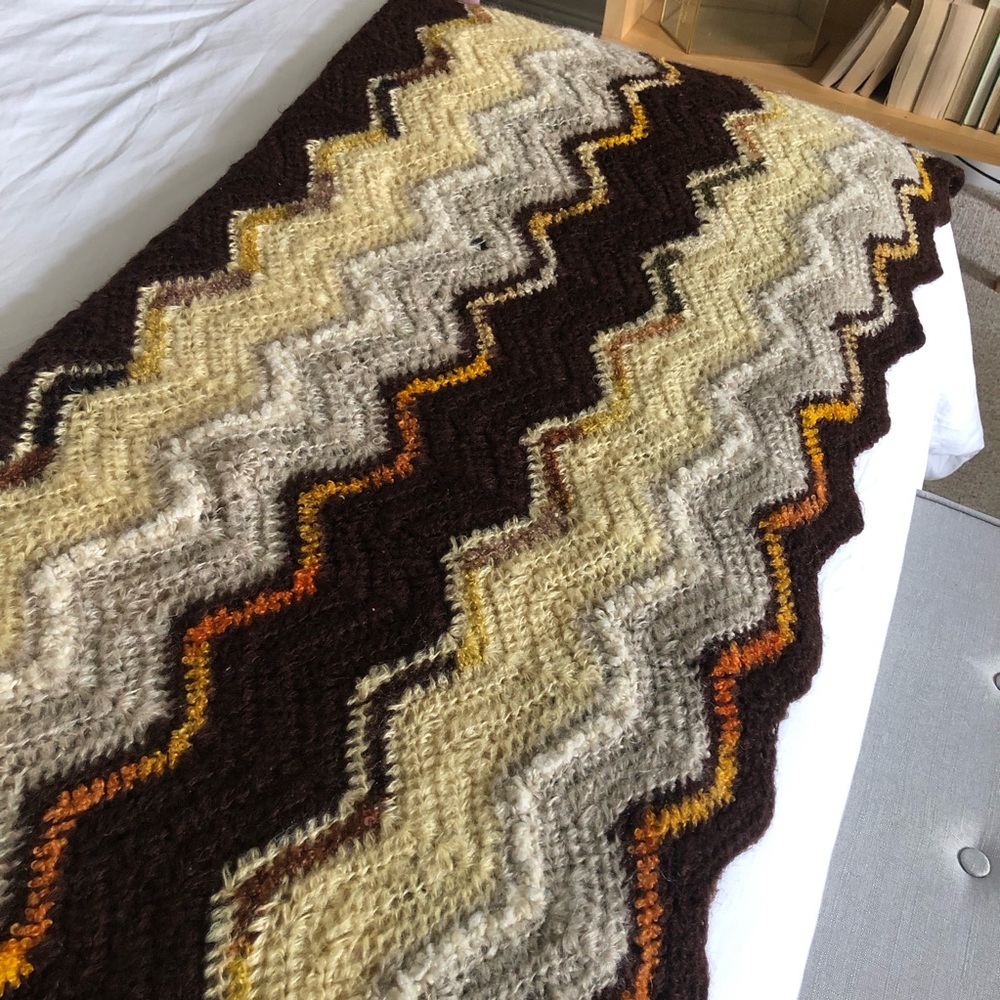 Vintage Handmade Knit Chevron Blanket Afghan Yellow Gold Brown Large 85” x 56”
